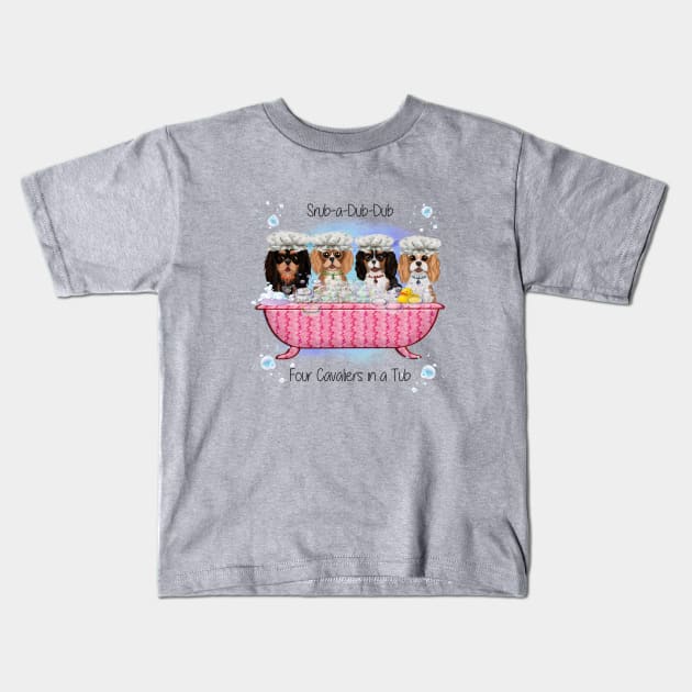 Four Cavalier King Charles Spaniels in a Bath Tub Kids T-Shirt by Cavalier Gifts